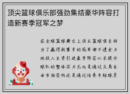 顶尖篮球俱乐部强劲集结豪华阵容打造新赛季冠军之梦