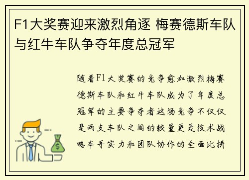 F1大奖赛迎来激烈角逐 梅赛德斯车队与红牛车队争夺年度总冠军
